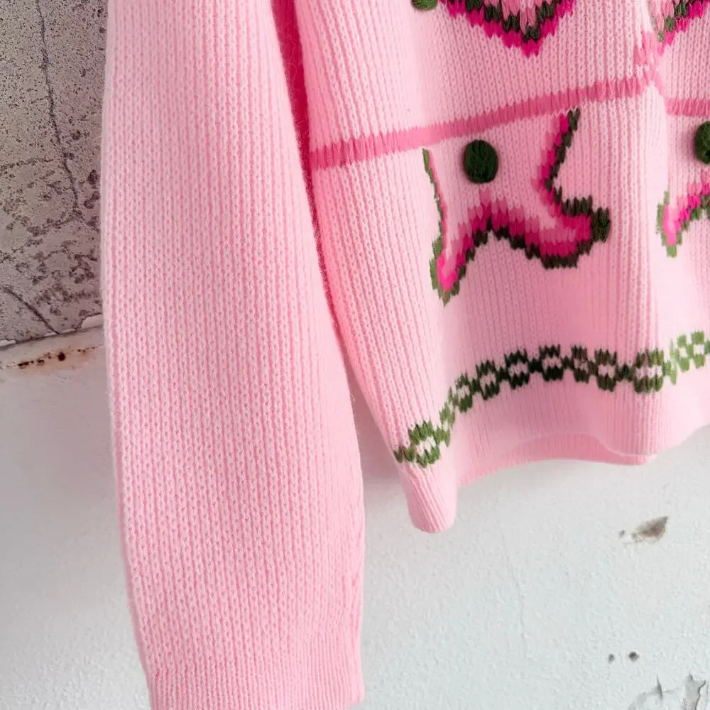 Vtg 80s Sweater Pink Textured Knit Green Pom Coquette Granny Cottagecore Women L - Picture 3 of 10